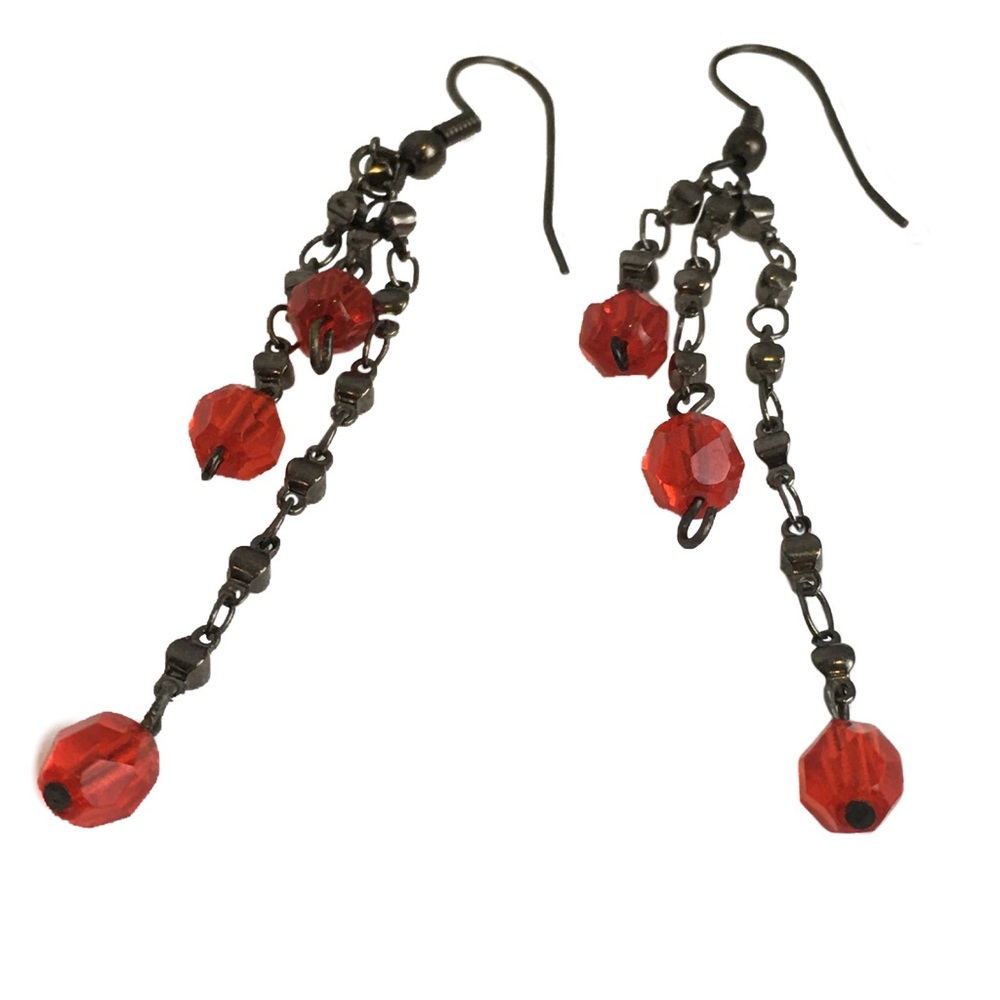 Gun Metal Red Faceted Crystal Glass Beads with Chain 3 Drop Earrings Set - Picture 3 of 5